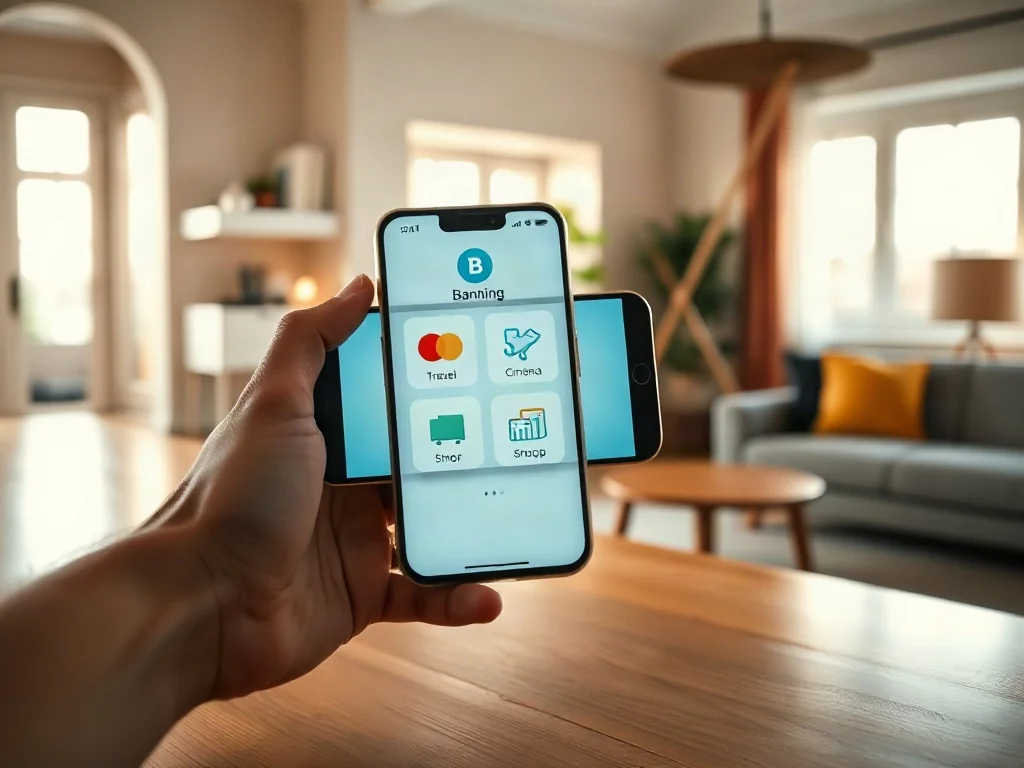 Smartfon z otwartą aplikacją bankową prezentującą ikony usług lifestyle, takich jak podróże, kino i zakupy.