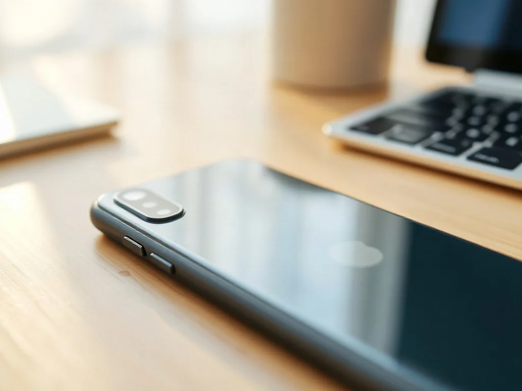 Nowoczesny smartfon na drewnianym biurku z podświetloną ikoną wskazującą lokalizację czujnika NFC na obudowie.
